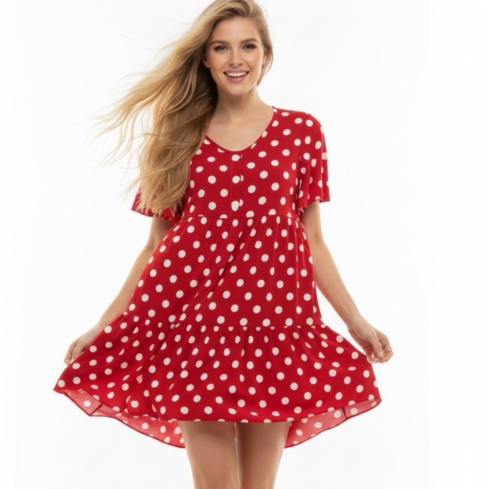 Polka Red White Dot Ruffle Dress Size M/L